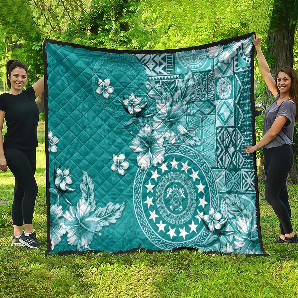 Cook Islands Quilt Teal Hibiscus And Stars LT05 - Polynesian Pride