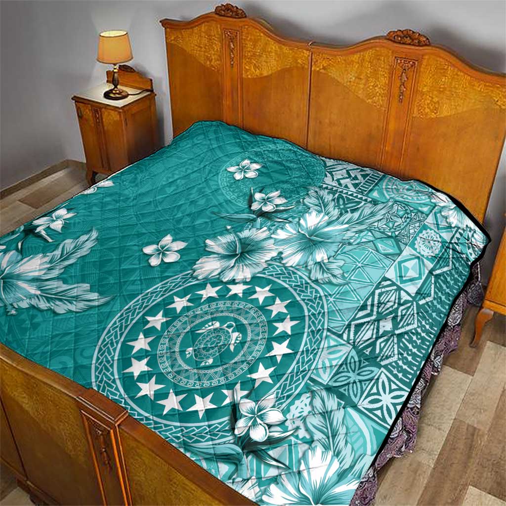 Cook Islands Quilt Teal Hibiscus And Stars LT05 - Polynesian Pride