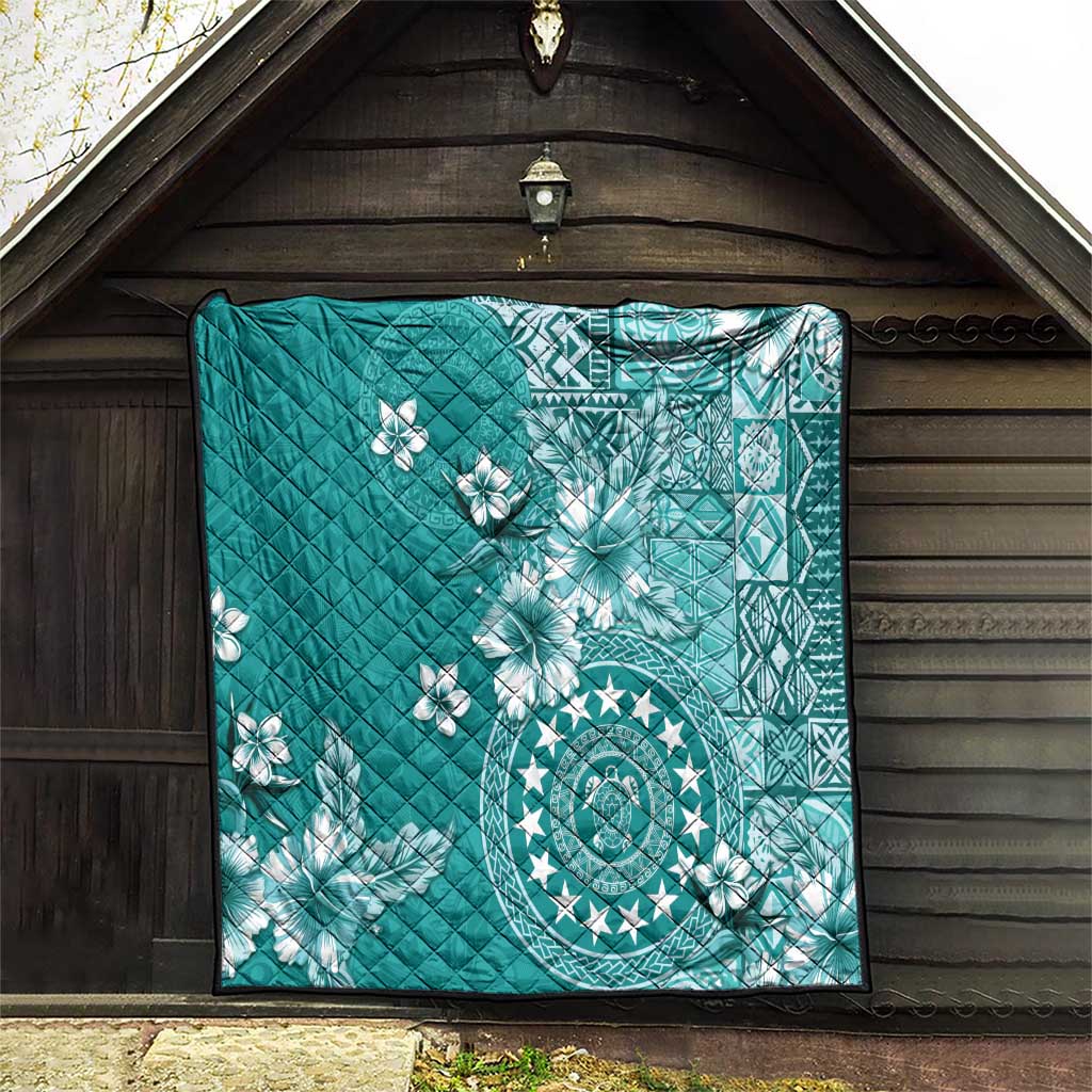Cook Islands Quilt Teal Hibiscus And Stars LT05 - Polynesian Pride