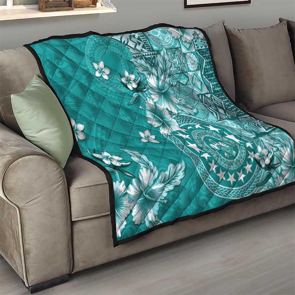 Cook Islands Quilt Teal Hibiscus And Stars LT05 - Polynesian Pride