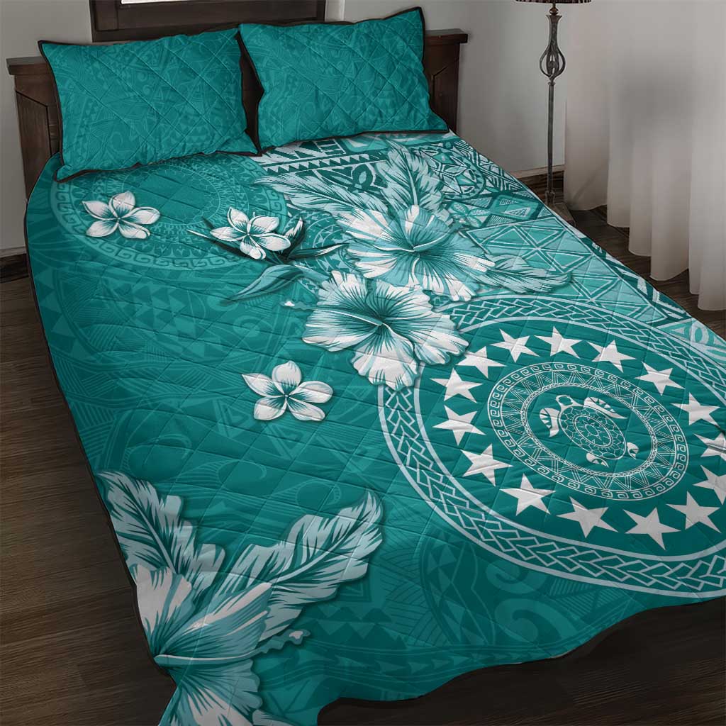 Cook Islands Quilt Bed Set Teal Hibiscus And Stars