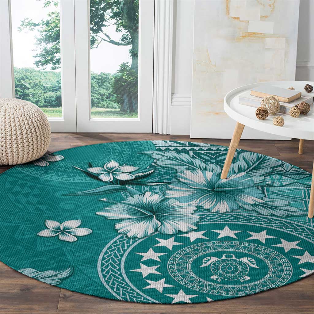 Cook Islands Round Carpet Teal Hibiscus And Stars LT05 - Polynesian Pride