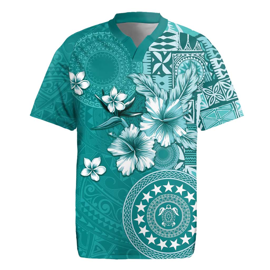 Cook Islands Rugby Jersey Teal Hibiscus And Stars LT05 Teal - Polynesian Pride