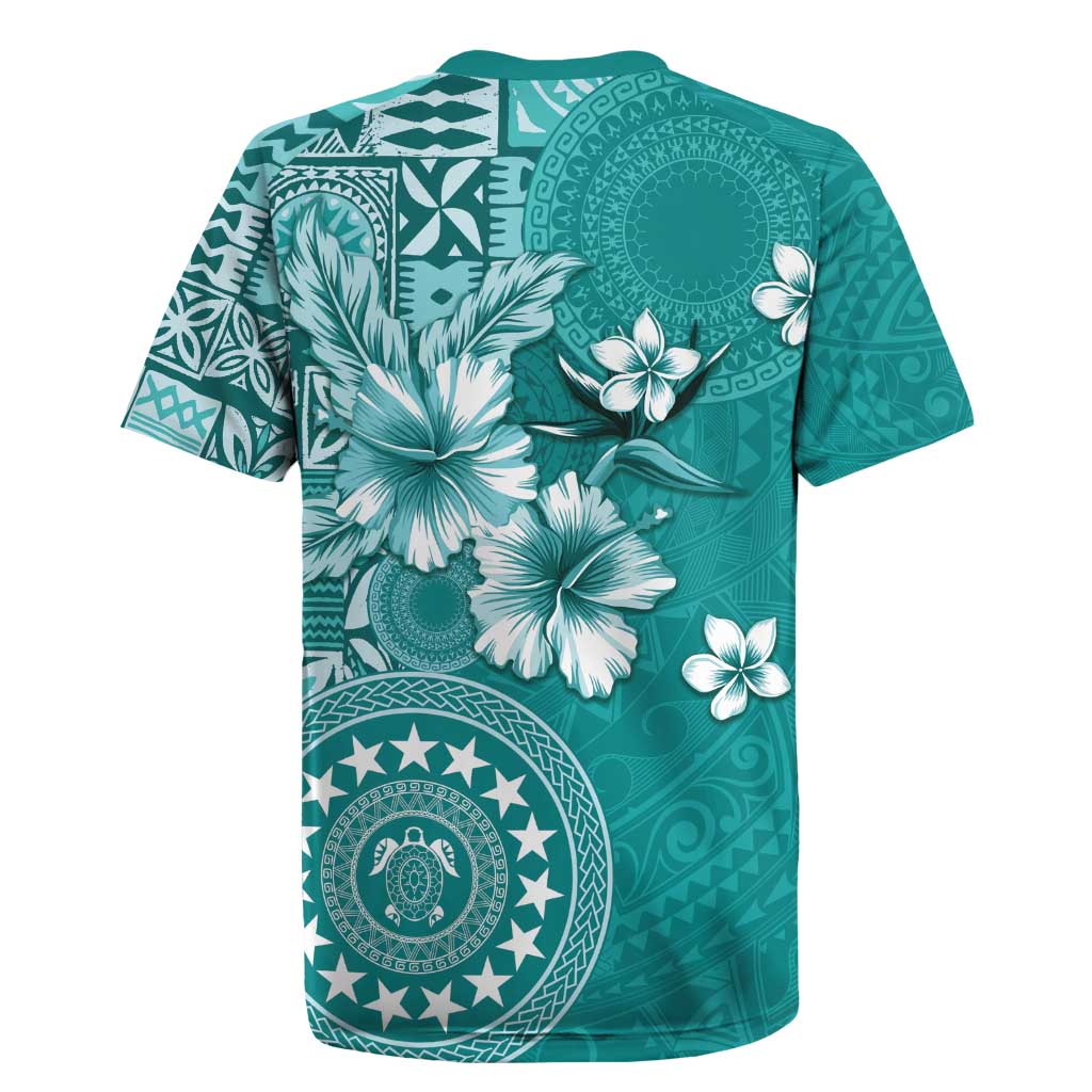 Cook Islands Rugby Jersey Teal Hibiscus And Stars LT05 - Polynesian Pride
