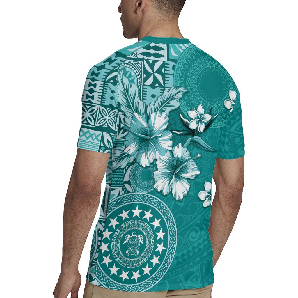 Cook Islands Rugby Jersey Teal Hibiscus And Stars LT05 - Polynesian Pride