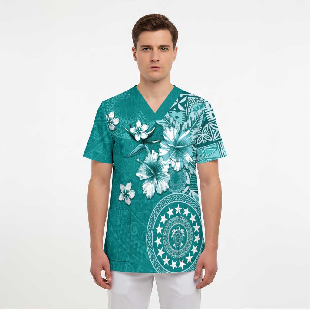Cook Islands Scrub Top Teal Hibiscus And Stars - Polynesian Pride
