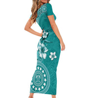 Cook Islands Short Sleeve Bodycon Dress Teal Hibiscus And Stars