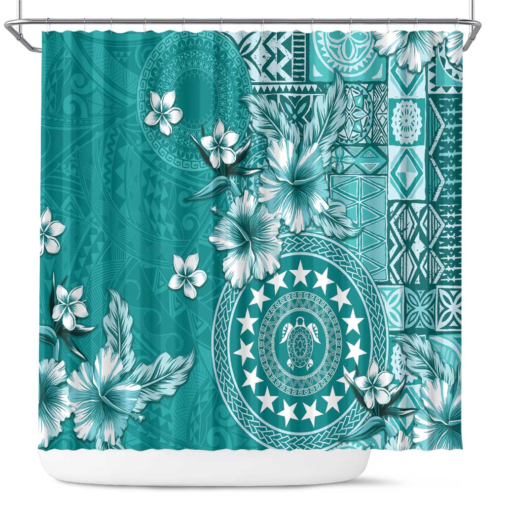Cook Islands Shower Curtain Teal Hibiscus And Stars LT05 Teal - Polynesian Pride