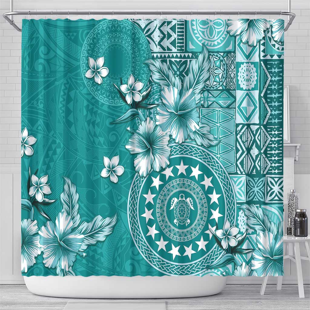 Cook Islands Shower Curtain Teal Hibiscus And Stars LT05 - Polynesian Pride