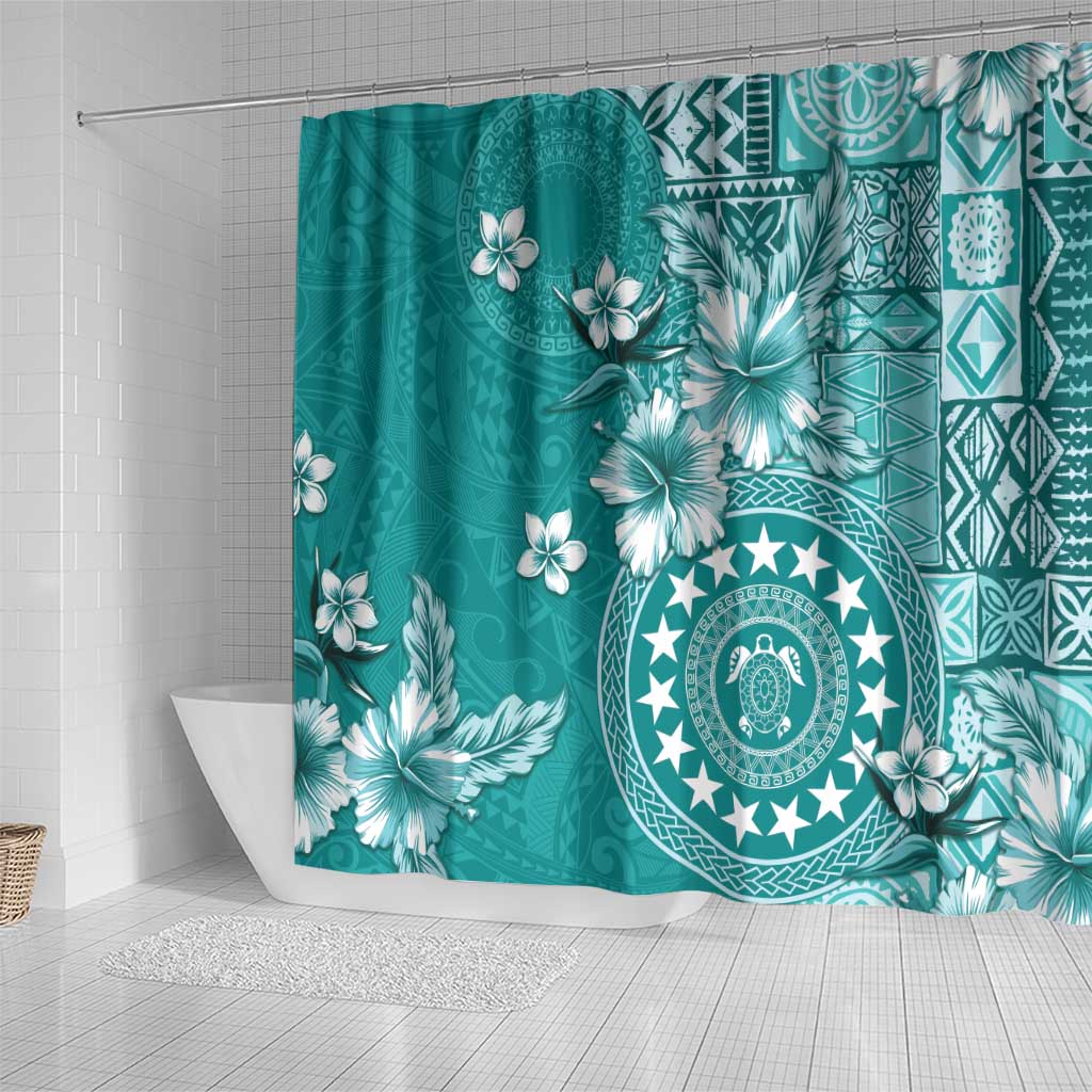 Cook Islands Shower Curtain Teal Hibiscus And Stars LT05 - Polynesian Pride
