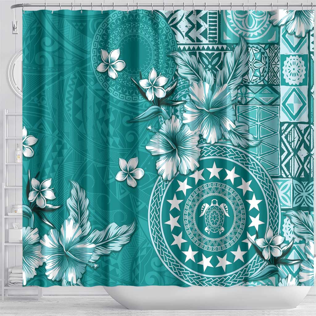 Cook Islands Shower Curtain Teal Hibiscus And Stars LT05 - Polynesian Pride