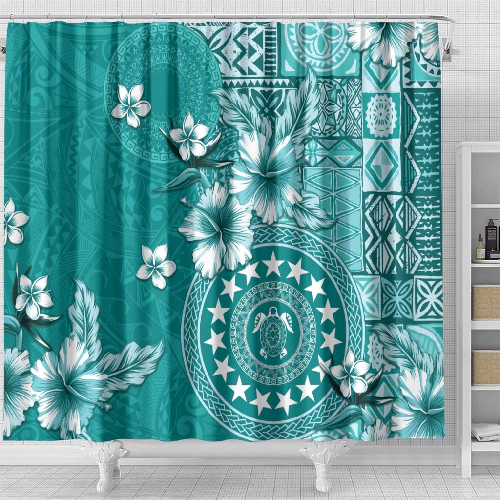 Cook Islands Shower Curtain Teal Hibiscus And Stars LT05 - Polynesian Pride