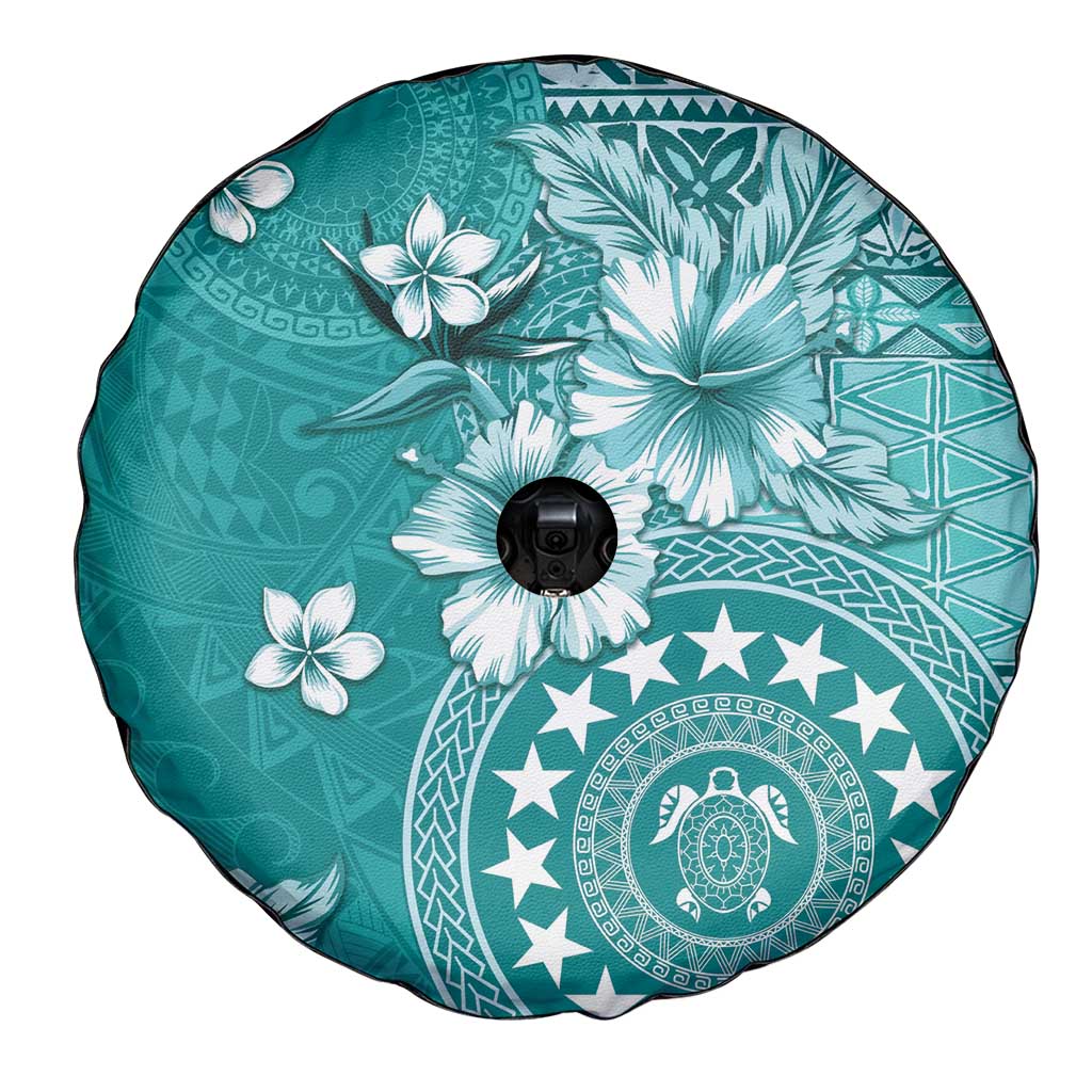 Cook Islands Spare Tire Cover Teal Hibiscus And Stars