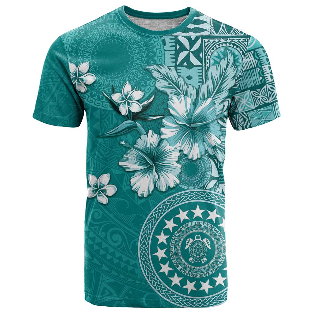 Cook Islands T Shirt Teal Hibiscus And Stars LT05 Teal - Polynesian Pride