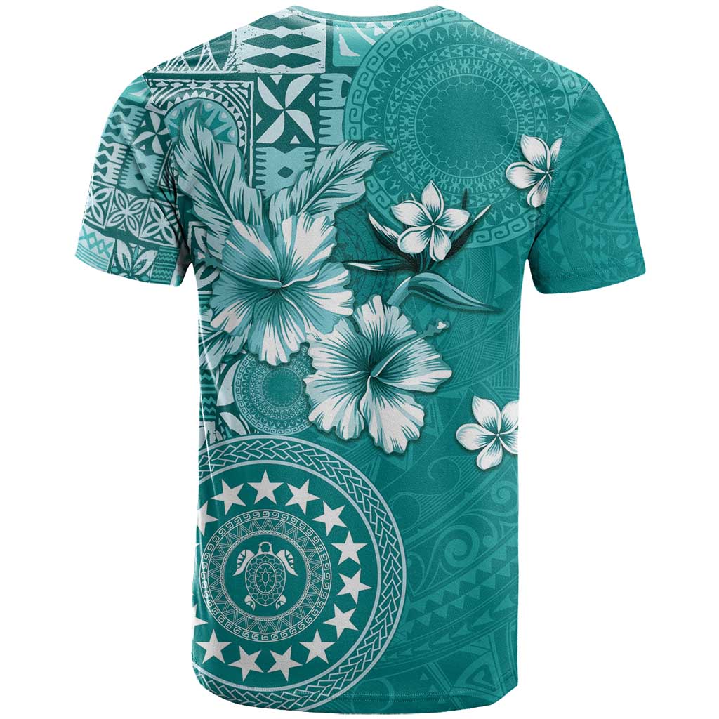 Cook Islands T Shirt Teal Hibiscus And Stars LT05 - Polynesian Pride