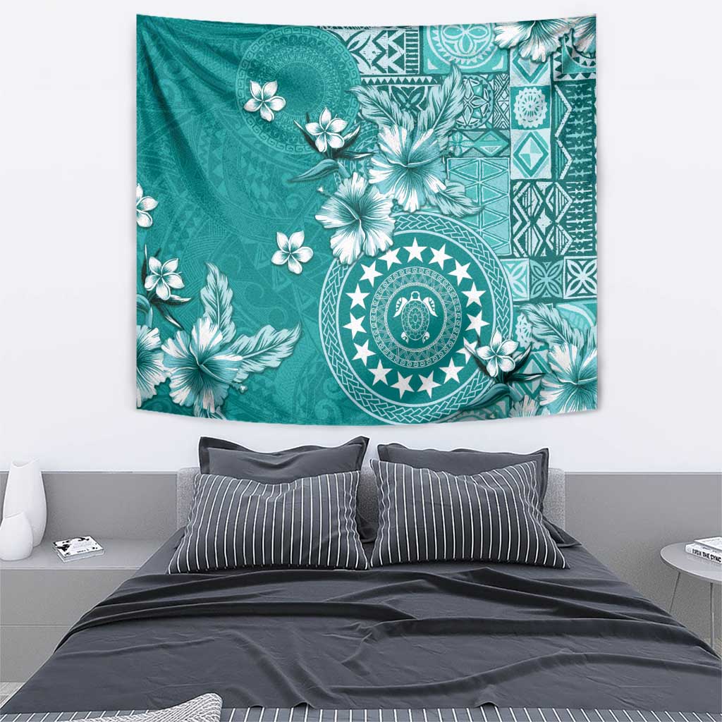 Cook Islands Tapestry Teal Hibiscus And Stars LT05 - Polynesian Pride