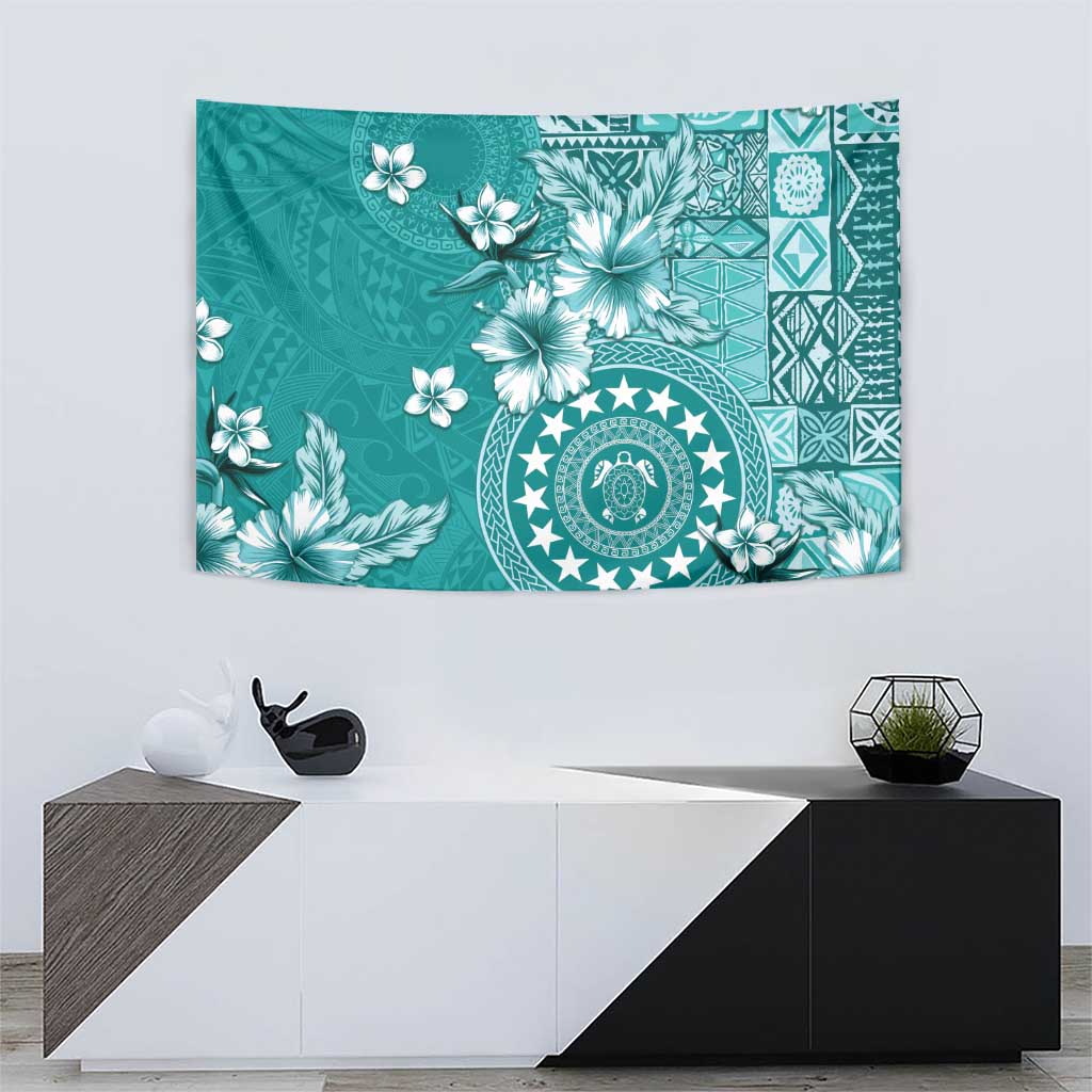 Cook Islands Tapestry Teal Hibiscus And Stars LT05 - Polynesian Pride