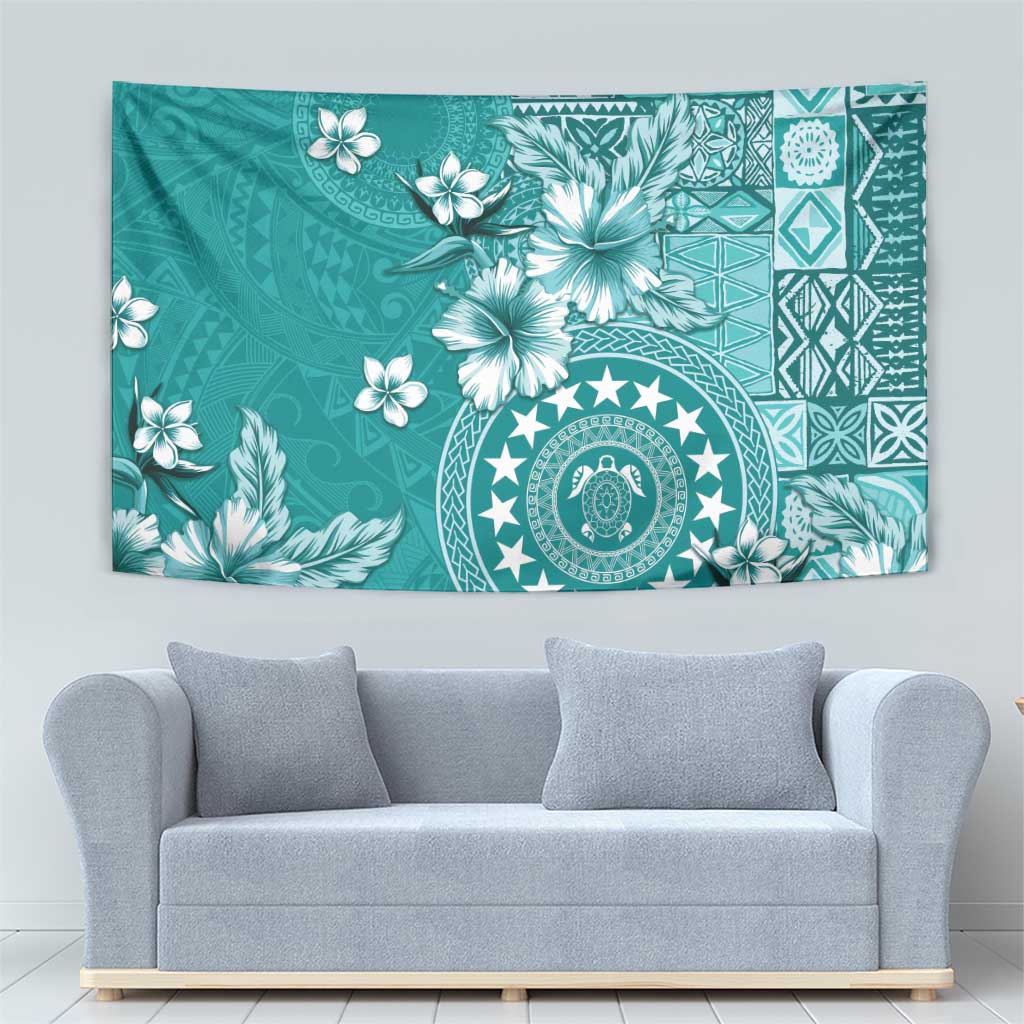Cook Islands Tapestry Teal Hibiscus And Stars LT05 - Polynesian Pride