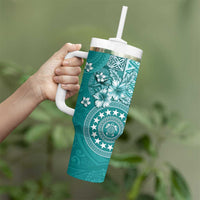 Cook Islands Tumbler With Handle Teal Hibiscus And Stars LT05 - Polynesian Pride