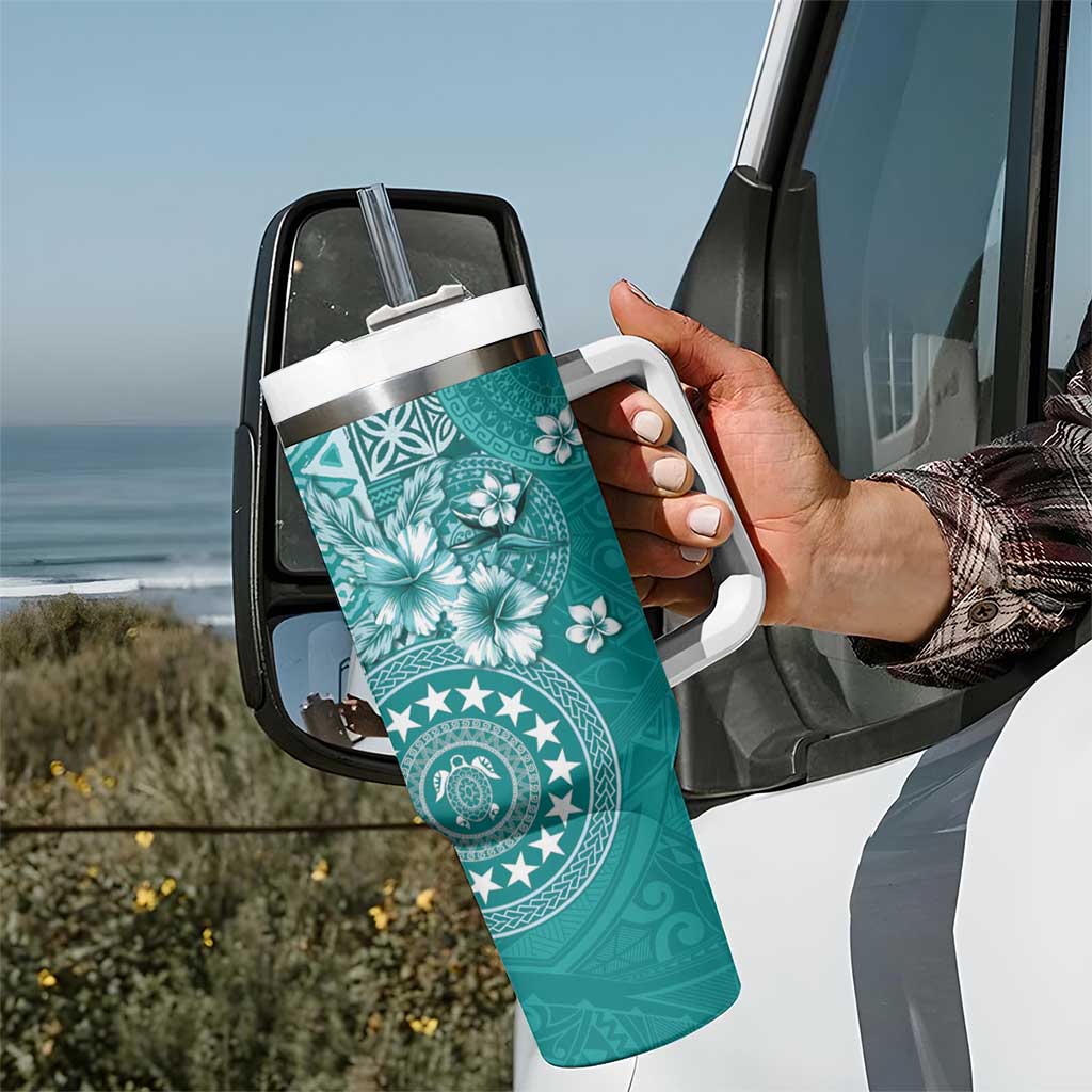 Cook Islands Tumbler With Handle Teal Hibiscus And Stars LT05 - Polynesian Pride