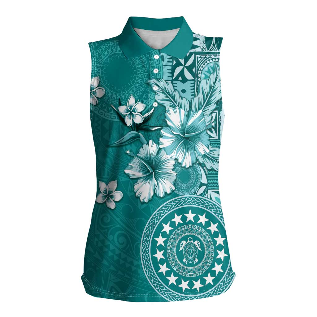 Cook Islands Women Sleeveless Polo Shirt Teal Hibiscus And Stars LT05 Female Teal - Polynesian Pride