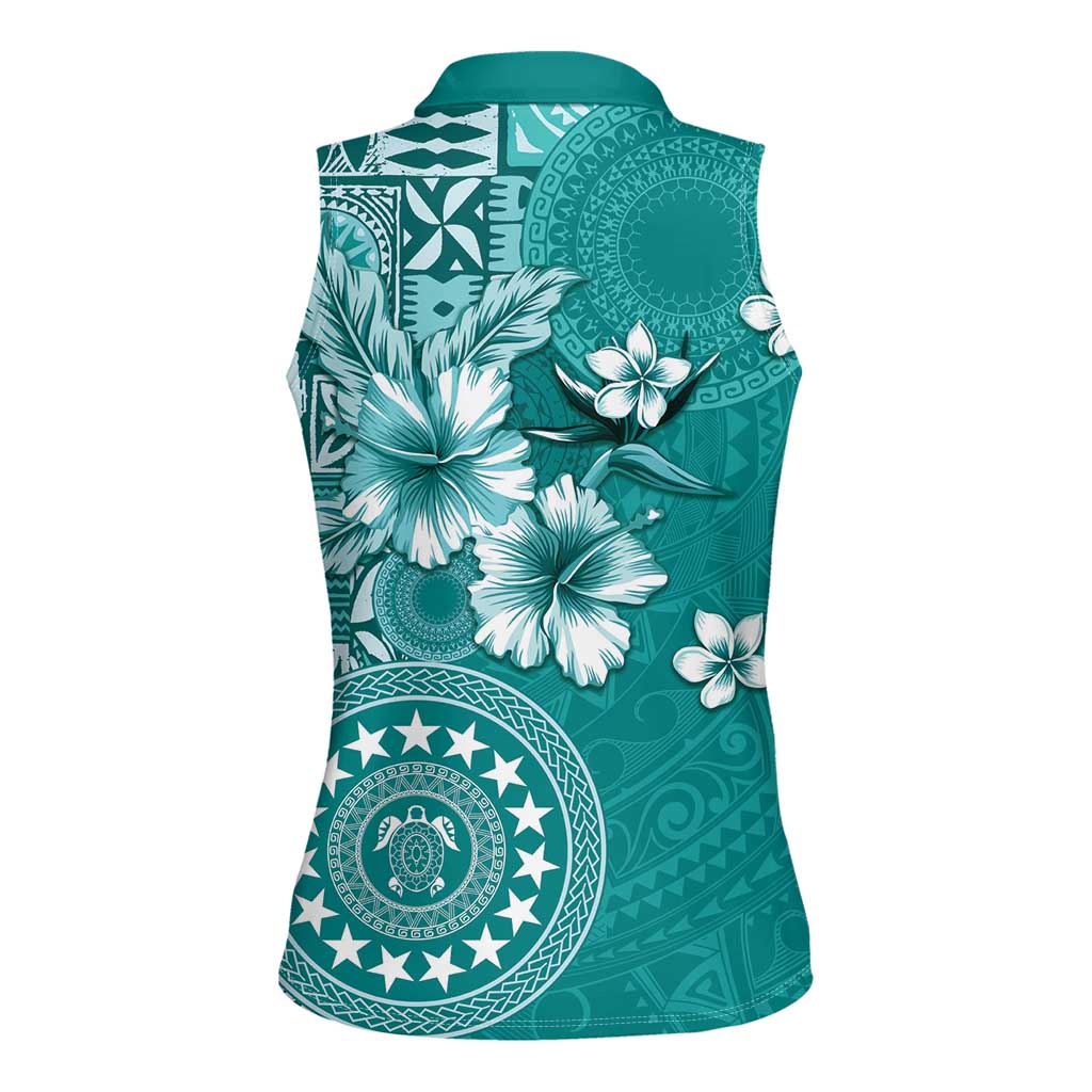 Cook Islands Women Sleeveless Polo Shirt Teal Hibiscus And Stars LT05 - Polynesian Pride