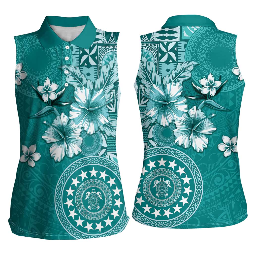Cook Islands Women Sleeveless Polo Shirt Teal Hibiscus And Stars LT05 - Polynesian Pride