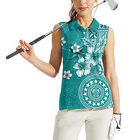 Cook Islands Women Sleeveless Polo Shirt Teal Hibiscus And Stars LT05 - Polynesian Pride
