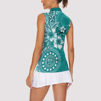 Cook Islands Women Sleeveless Polo Shirt Teal Hibiscus And Stars LT05 - Polynesian Pride