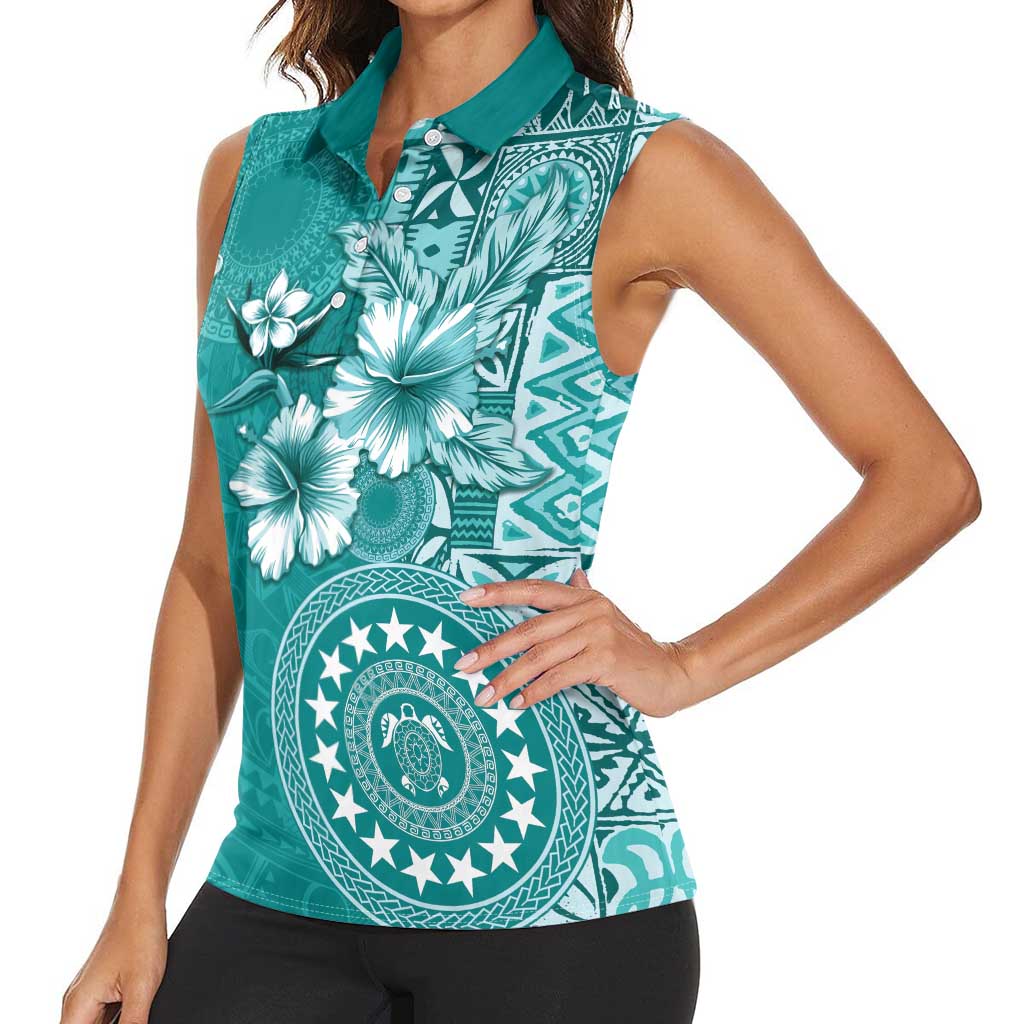 Cook Islands Women Sleeveless Polo Shirt Teal Hibiscus And Stars LT05 - Polynesian Pride