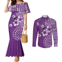 Cook Islands Couples Matching Mermaid Dress and Long Sleeve Button Shirt Purple Hibiscus And Stars LT05 Purple - Polynesian Pride