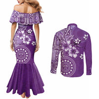 Cook Islands Couples Matching Mermaid Dress and Long Sleeve Button Shirt Purple Hibiscus And Stars LT05 - Polynesian Pride