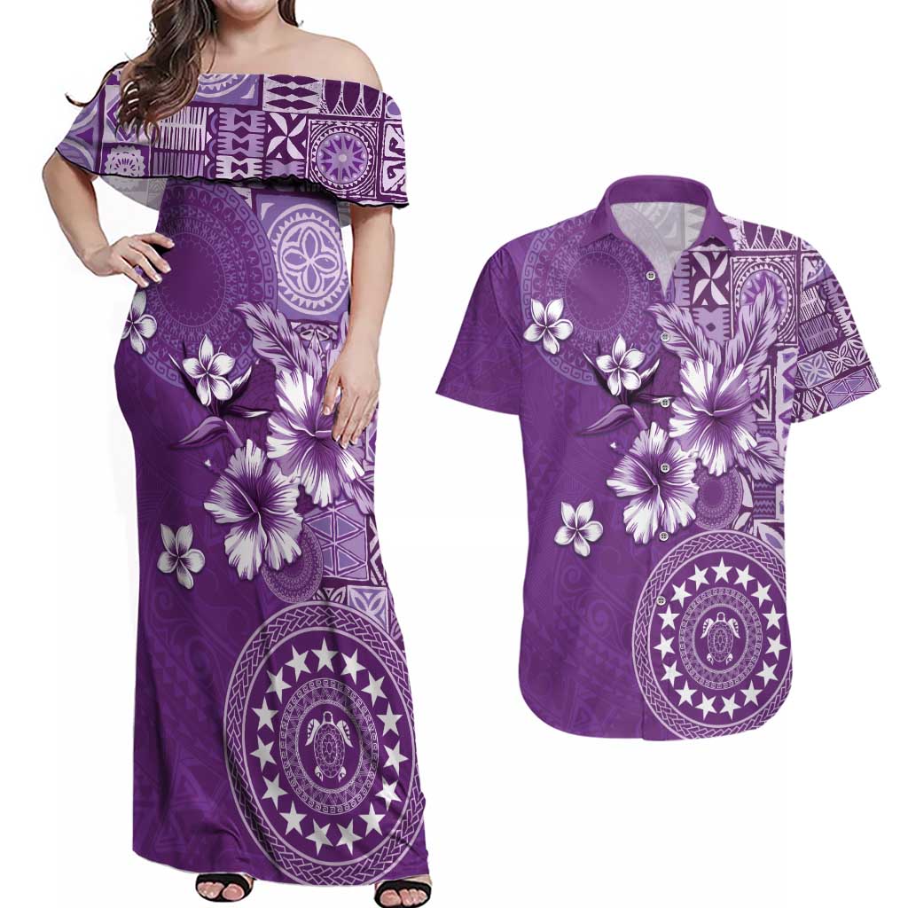 Cook Islands Couples Matching Off Shoulder Maxi Dress and Hawaiian Shirt Purple Hibiscus And Stars LT05 Purple - Polynesian Pride