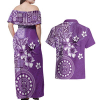 Cook Islands Couples Matching Off Shoulder Maxi Dress and Hawaiian Shirt Purple Hibiscus And Stars LT05 - Polynesian Pride