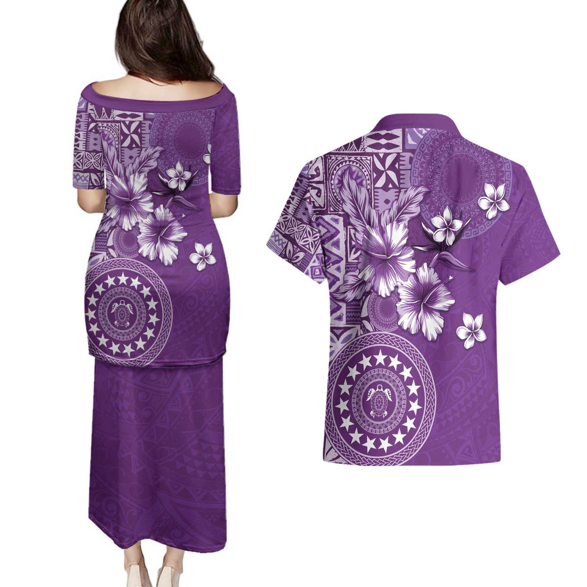 Cook Islands Couples Matching Puletasi and Hawaiian Shirt Purple Hibiscus And Stars LT05 - Polynesian Pride