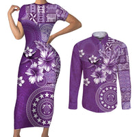 Cook Islands Couples Matching Short Sleeve Bodycon Dress and Long Sleeve Button Shirt Purple Hibiscus And Stars LT05 Purple - Polynesian Pride