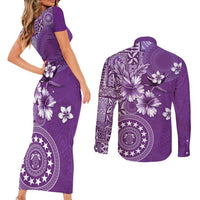 Cook Islands Couples Matching Short Sleeve Bodycon Dress and Long Sleeve Button Shirt Purple Hibiscus And Stars LT05 - Polynesian Pride