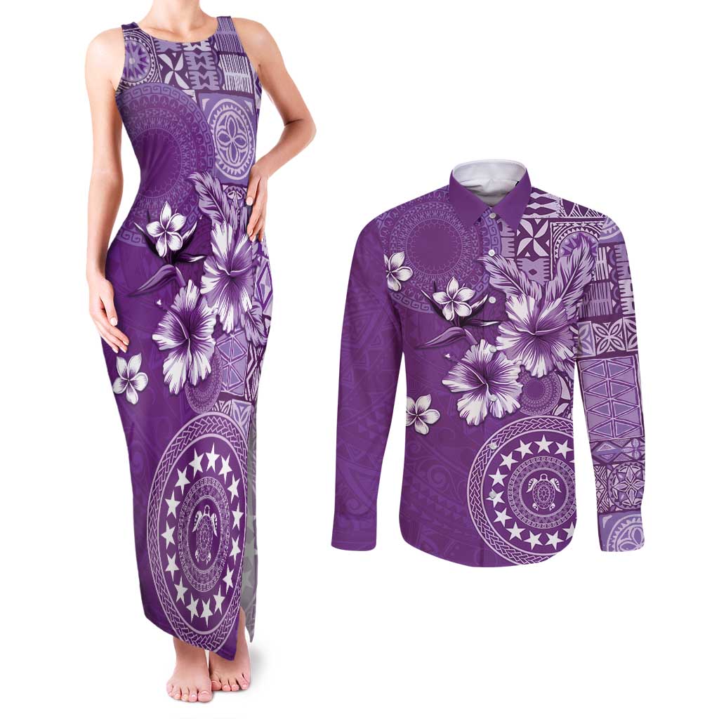 Cook Islands Couples Matching Tank Maxi Dress and Long Sleeve Button Shirt Purple Hibiscus And Stars LT05 Purple - Polynesian Pride