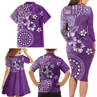 Cook Islands Family Matching Long Sleeve Bodycon Dress and Hawaiian Shirt Purple Hibiscus And Stars LT05 - Polynesian Pride