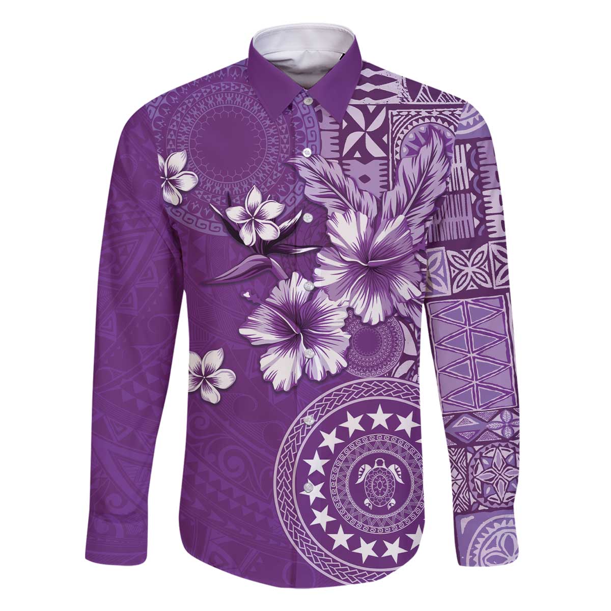 Cook Islands Family Matching Off The Shoulder Long Sleeve Dress and Hawaiian Shirt Purple Hibiscus And Stars