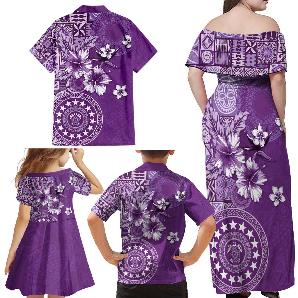 Cook Islands Family Matching Off Shoulder Maxi Dress and Hawaiian Shirt Purple Hibiscus And Stars LT05 - Polynesian Pride