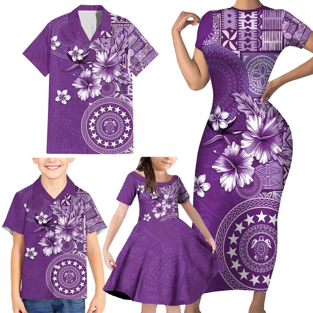 Cook Islands Family Matching Short Sleeve Bodycon Dress and Hawaiian Shirt Purple Hibiscus And Stars LT05 - Polynesian Pride