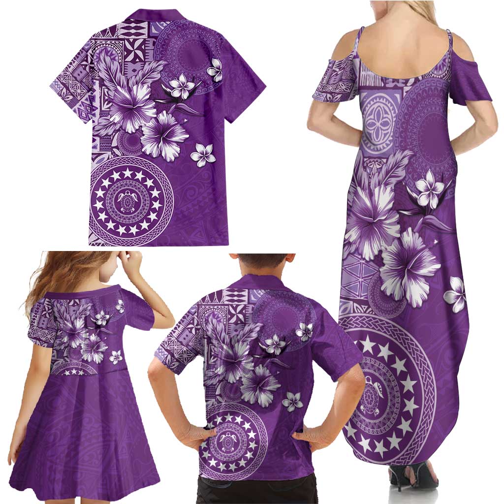 Cook Islands Family Matching Summer Maxi Dress and Hawaiian Shirt Purple Hibiscus And Stars LT05 - Polynesian Pride