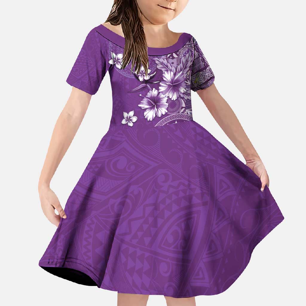 Cook Islands Family Matching Tank Maxi Dress and Hawaiian Shirt Purple Hibiscus And Stars LT05 Daughter's Dress Purple - Polynesian Pride