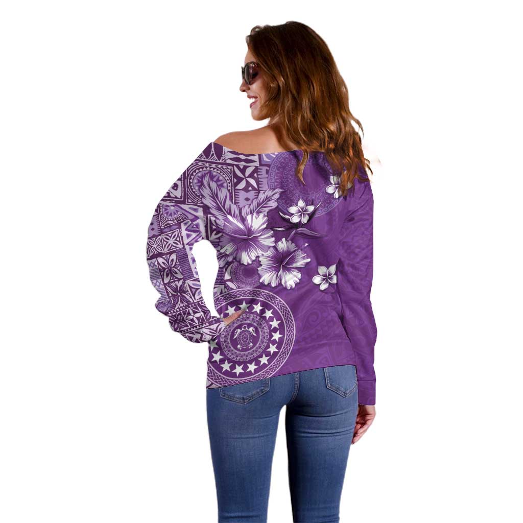 Cook Islands Off Shoulder Sweater Purple Hibiscus And Stars