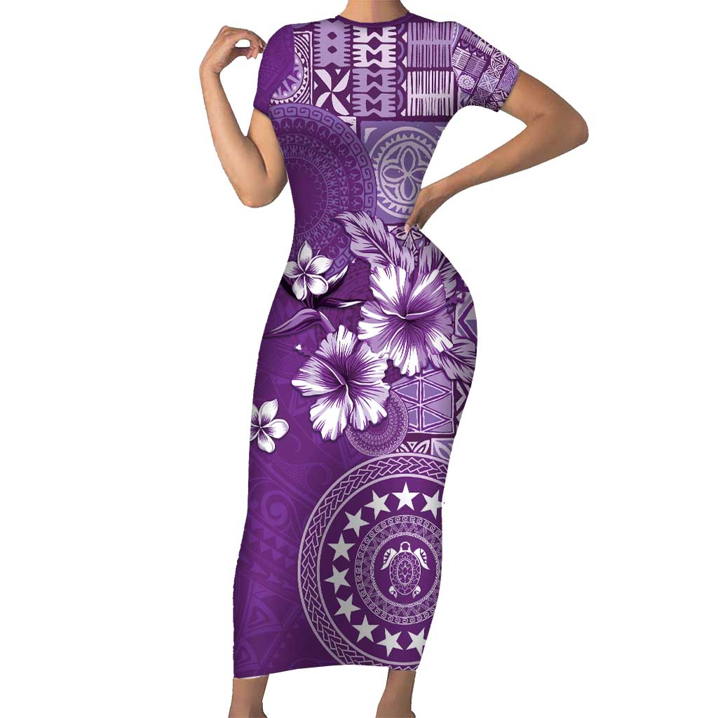 Cook Islands Short Sleeve Bodycon Dress Purple Hibiscus And Stars