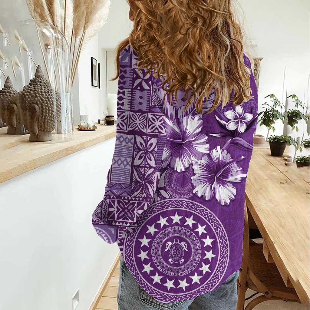 Cook Islands Women Casual Shirt Purple Hibiscus And Stars LT05 - Polynesian Pride