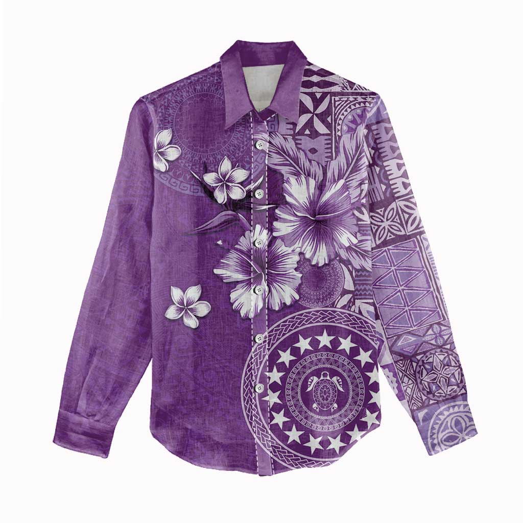 Cook Islands Women Casual Shirt Purple Hibiscus And Stars LT05 - Polynesian Pride