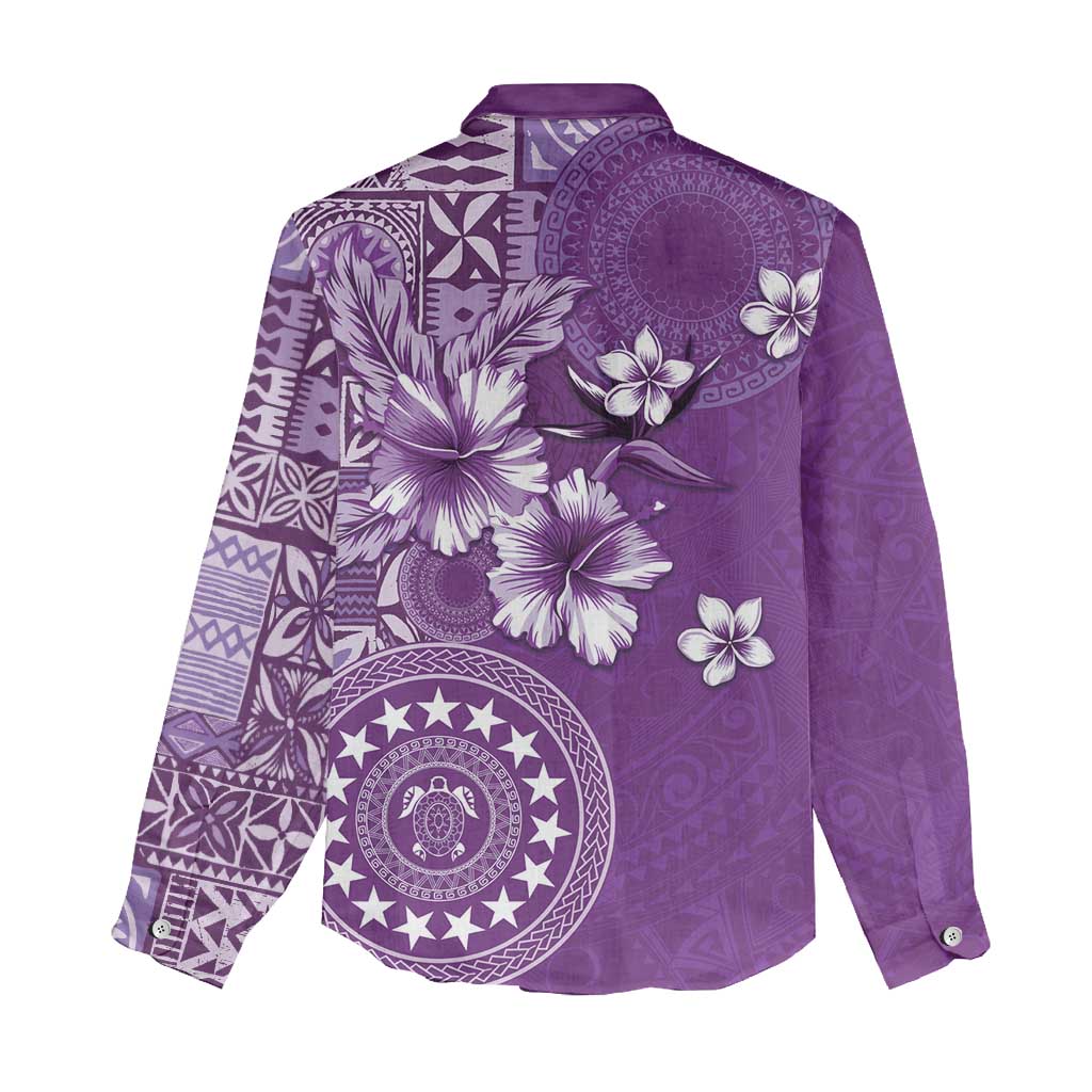 Cook Islands Women Casual Shirt Purple Hibiscus And Stars LT05 - Polynesian Pride