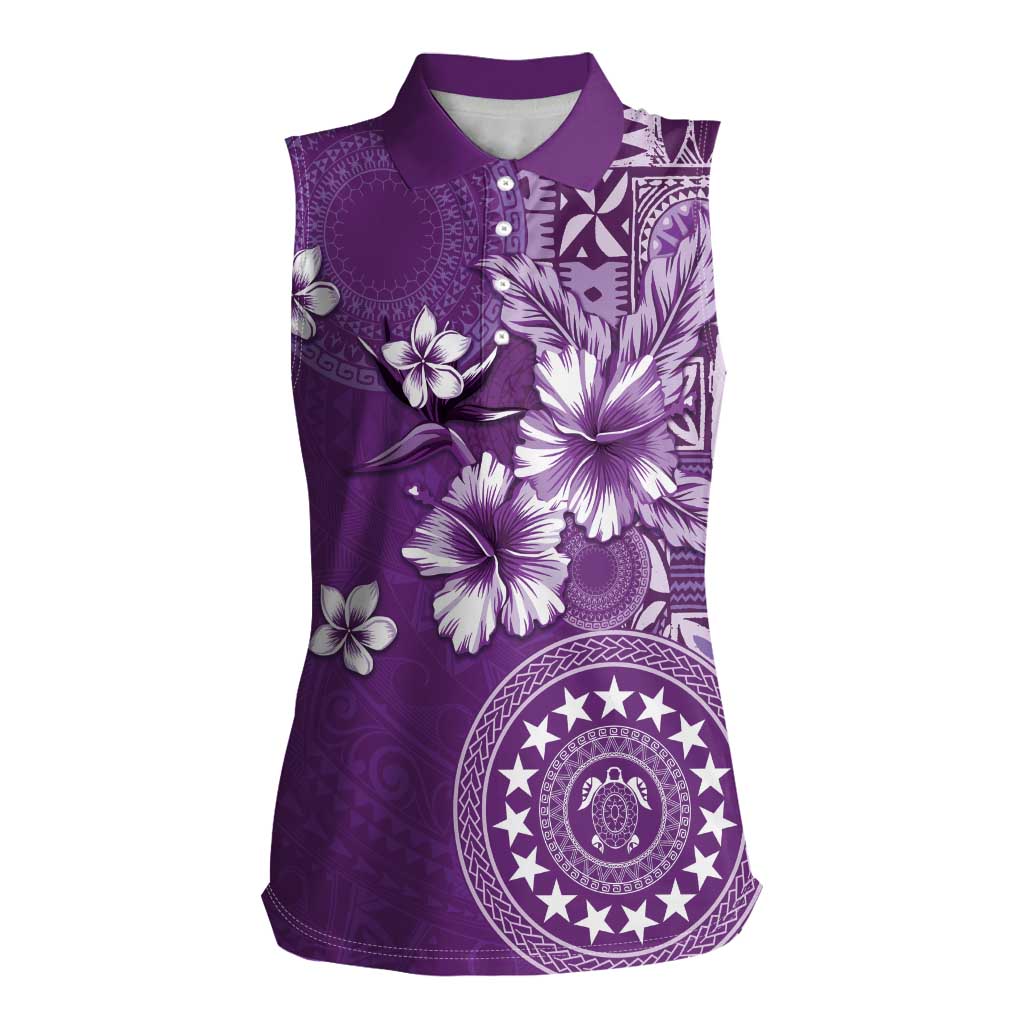 Cook Islands Women Sleeveless Polo Shirt Purple Hibiscus And Stars LT05 Female Purple - Polynesian Pride